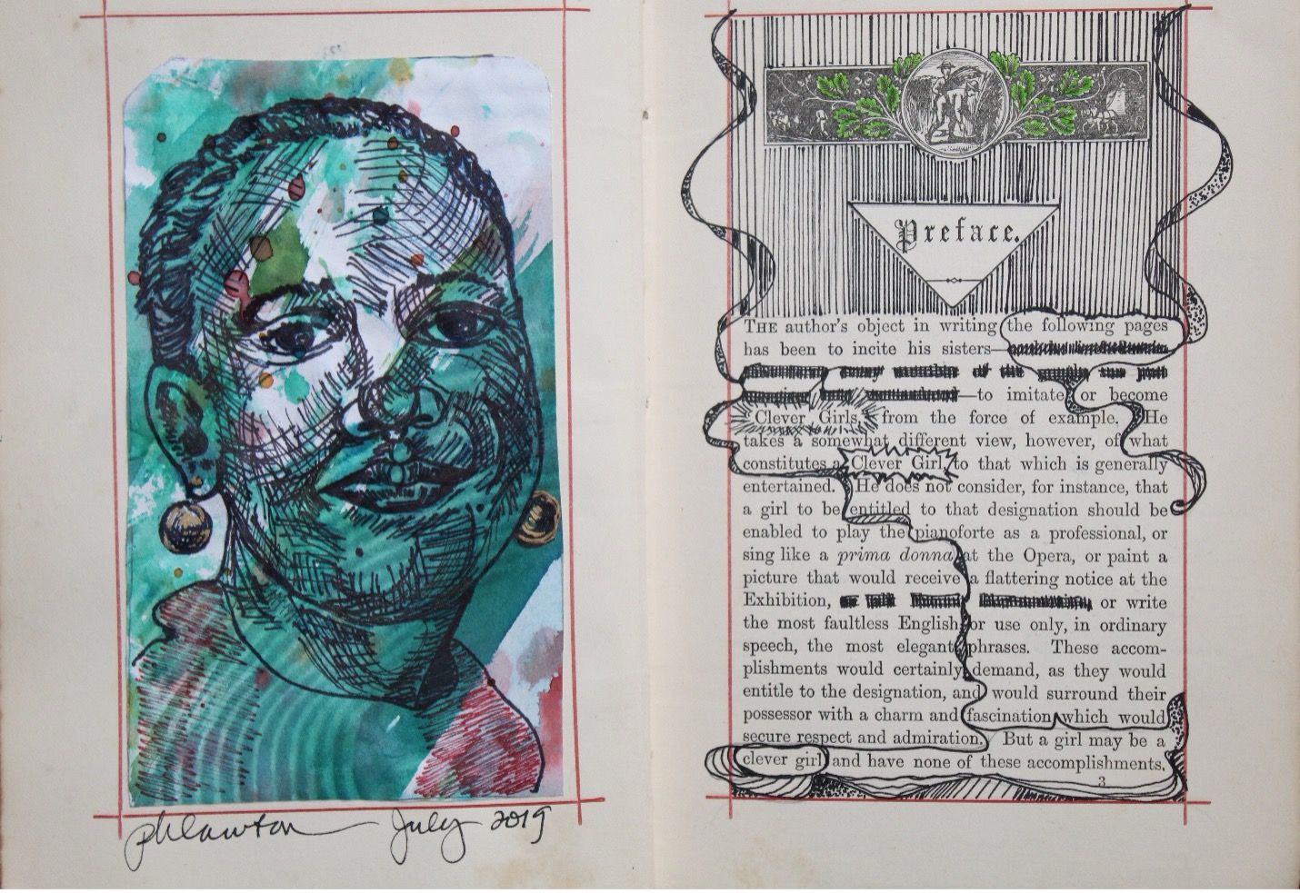 Ink drawing of a woman on a book paper on a teal background with annotated text of a preface next to her