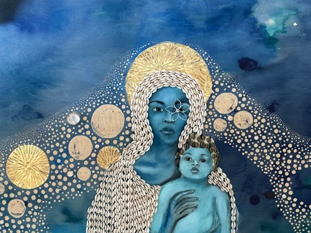 mixed media piece by April Sunami picturing a woman and child with blue skin with gold circles around them