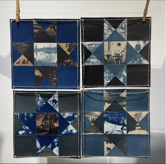 An art piece of an Ohio star quilt that features cyanotype images of family members and nature scenes. 